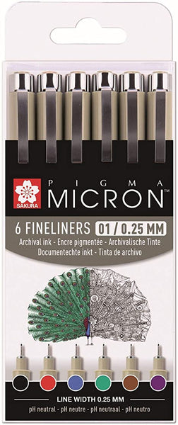 SET 6 COLOURED FINELINERS MICRON 01/0.25 SAKURA