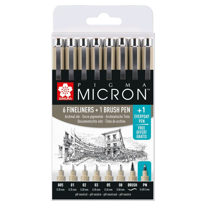 SET PIGMA MICRON SAKURA 6 FINELINER + 1 BRUSH PEN + 1PEN GRATIS